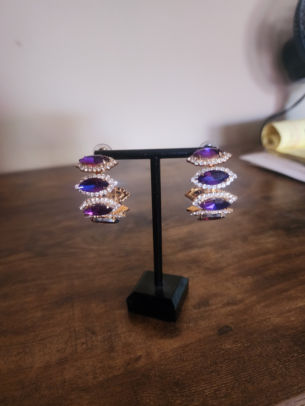 Gold-Tone Purple Crystal Hoop Earrings
